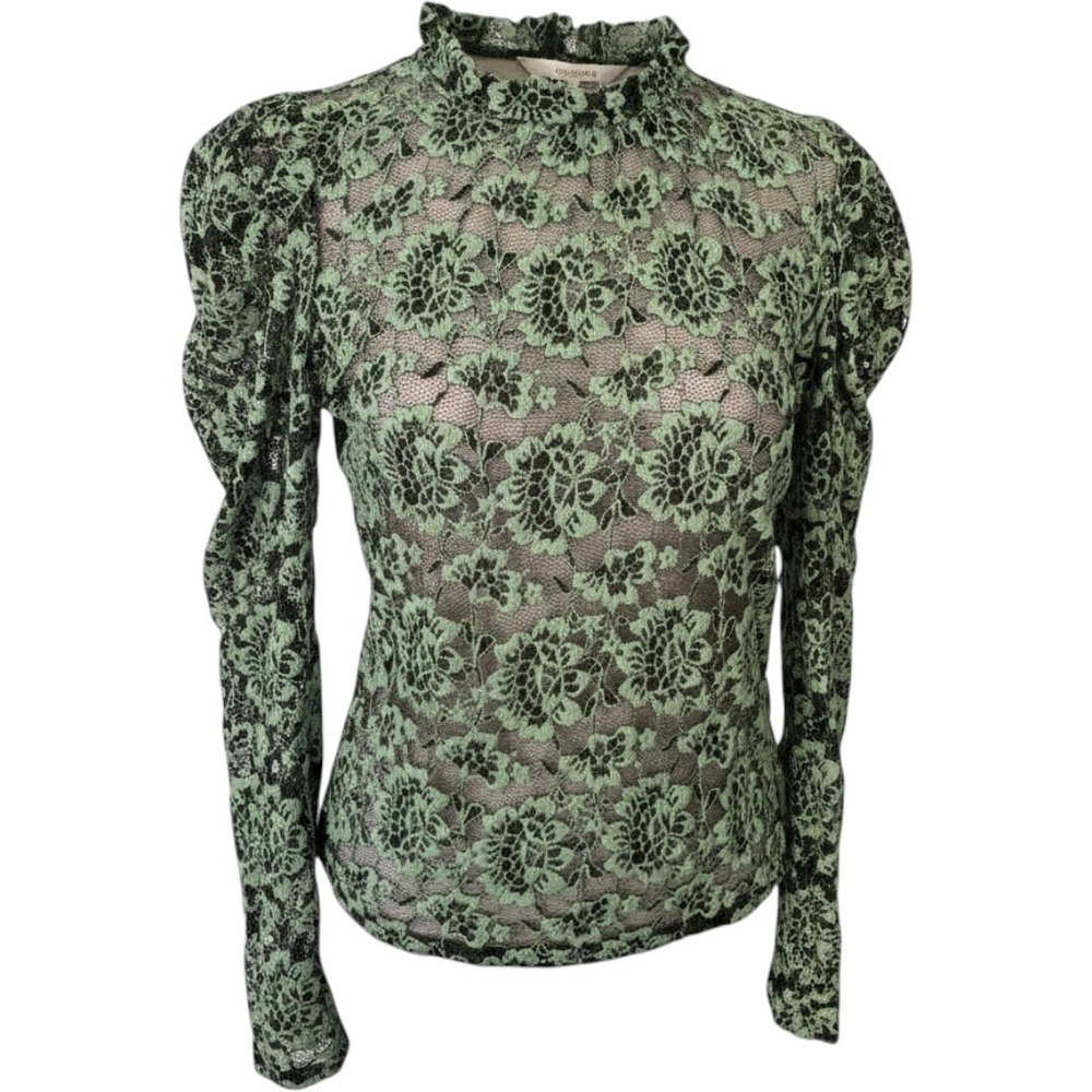Anthropologie Dolan Left Coast Lace Puff‎ Sleeve Top Small Green Black Mock Neck